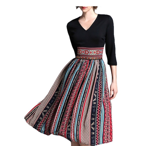 Dresses & Skirts - Xingchenyueyue Egyptian Printed Dress 3/4 Sleeves fit & flare V Necklace Size M